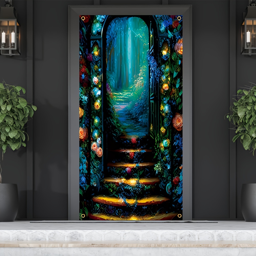 

1pc, Door Cover Mural Decor, Polyester Fantasy Floral Mystical Door Pattern Porch Sign Background Farmhouse Holiday Party Front Door Hanging Indoor Outdoor Banner Home Decor 70x35 Inch