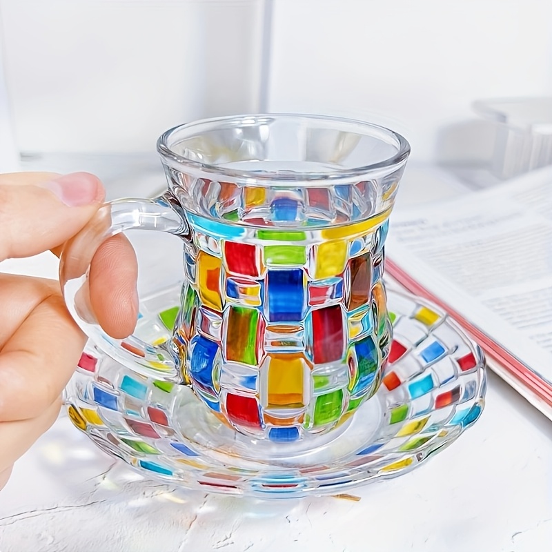 Pattern Colored Glass Coffee Tea Cup Set With Saucer, European Style - Perfect For Home, Kitchen Dining Room And Cafes, Ideal For Festive Gatherings