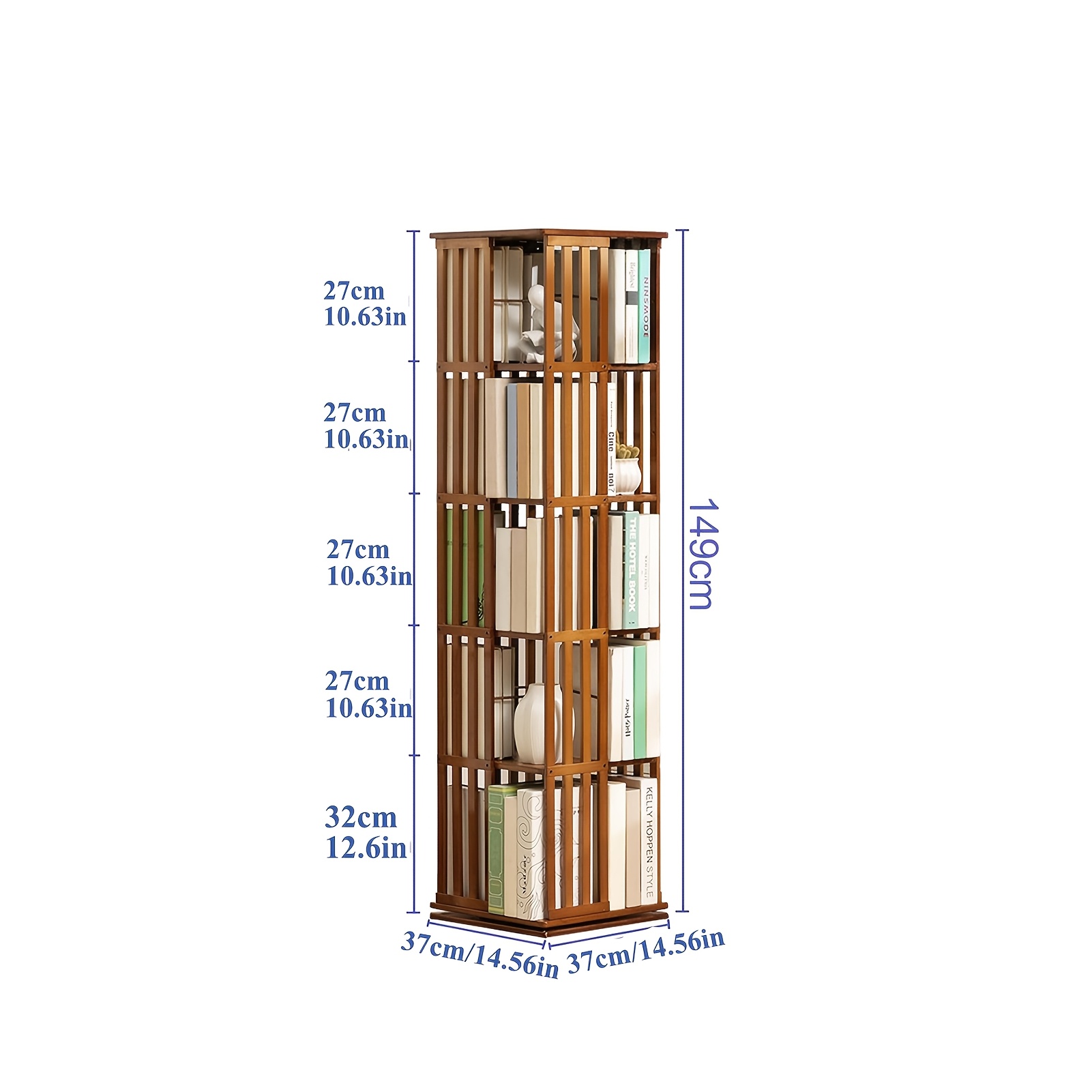 360-degree Rotating Bookcase With 5-layer Bamboo Storage Shelves, Floor-standing Bookshelf, Suitable For Demonstration In Adult Living Room, Study Room, Office
