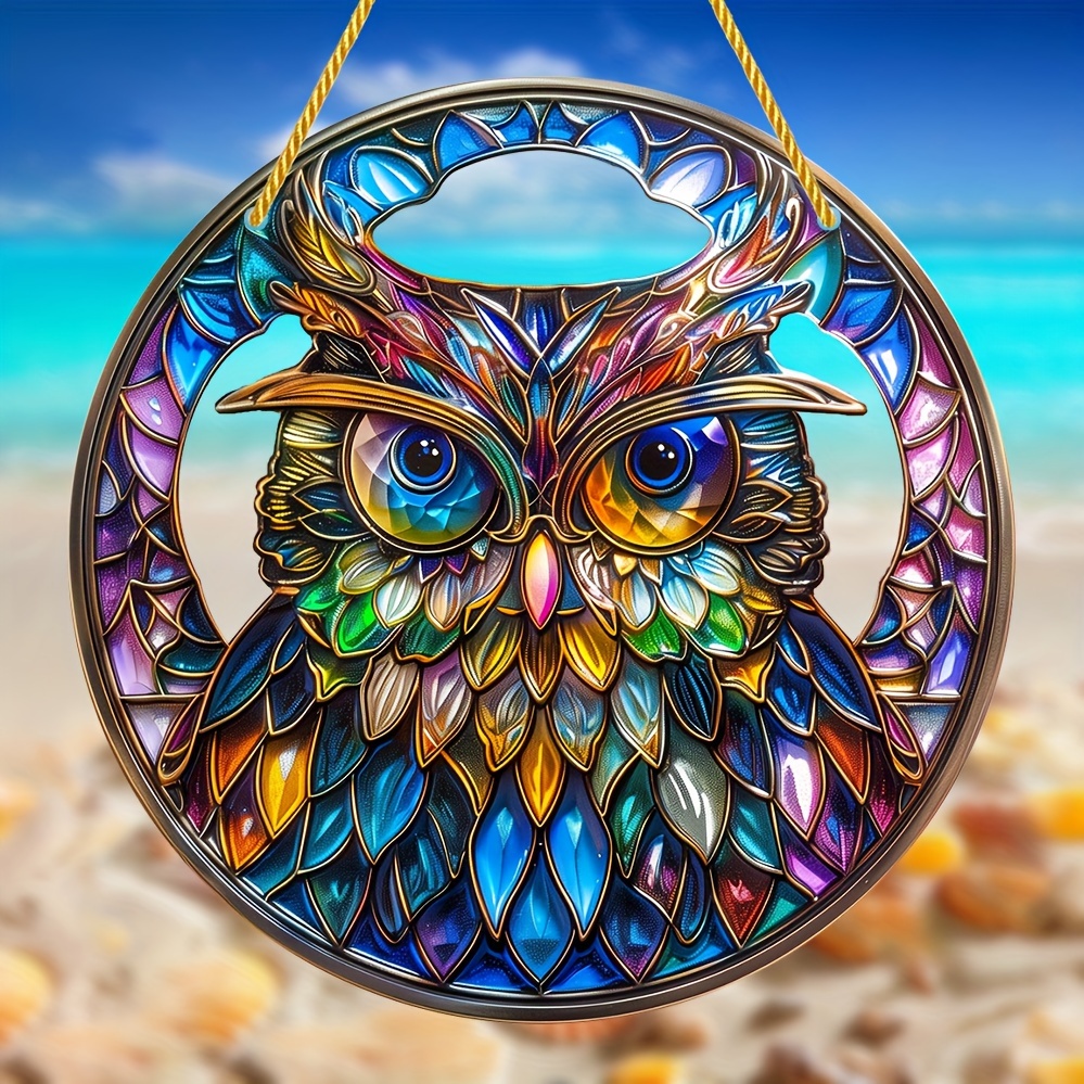 

Charming Owl Stained Glass Window Hanging - 8" Round Acrylic Sun Catcher For Home, Garden, Office Decor - Perfect Birthday Or Christmas Gift