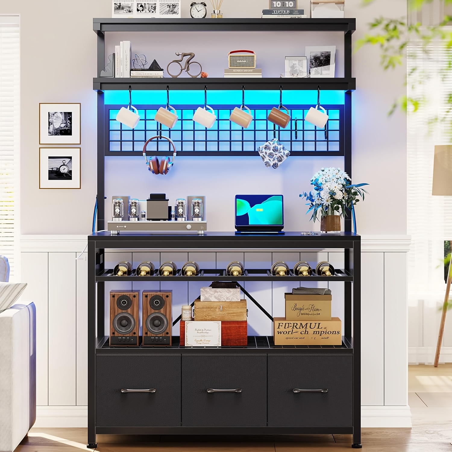 [Baker's Rack Outlet] Baker's Rack with Power Outlet, 6-Tier Microwave Rack with 3 Drawers, Wine Rack, LED Light And 10 Hooks, Kitchen Baker's Rack, Coffee Bar with Storage, Rustic Brown/Black/White