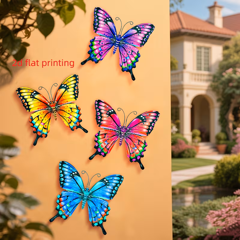 2d flat printing 4pcs colorful wall art iron ornaments suitable for garden courtyard living room bedroom terrace balcony no electricity needed outdoor fence art decoration ideal gift for 2d flat details 3