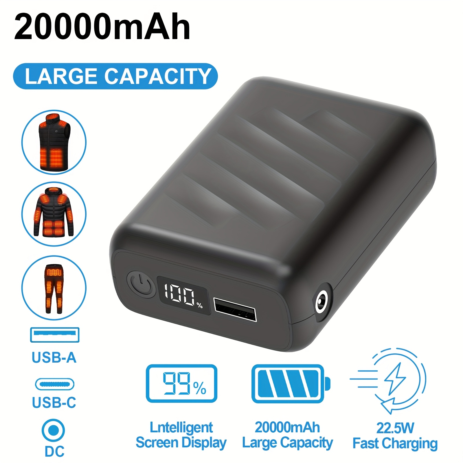 TEMU Batterie externe de grande 20000mAh, bloc-piles d' 5V/7.4V, charge rapide 22.5W, sortie /USB/Type-C, écran LED, pour voyage et camping, chargeur