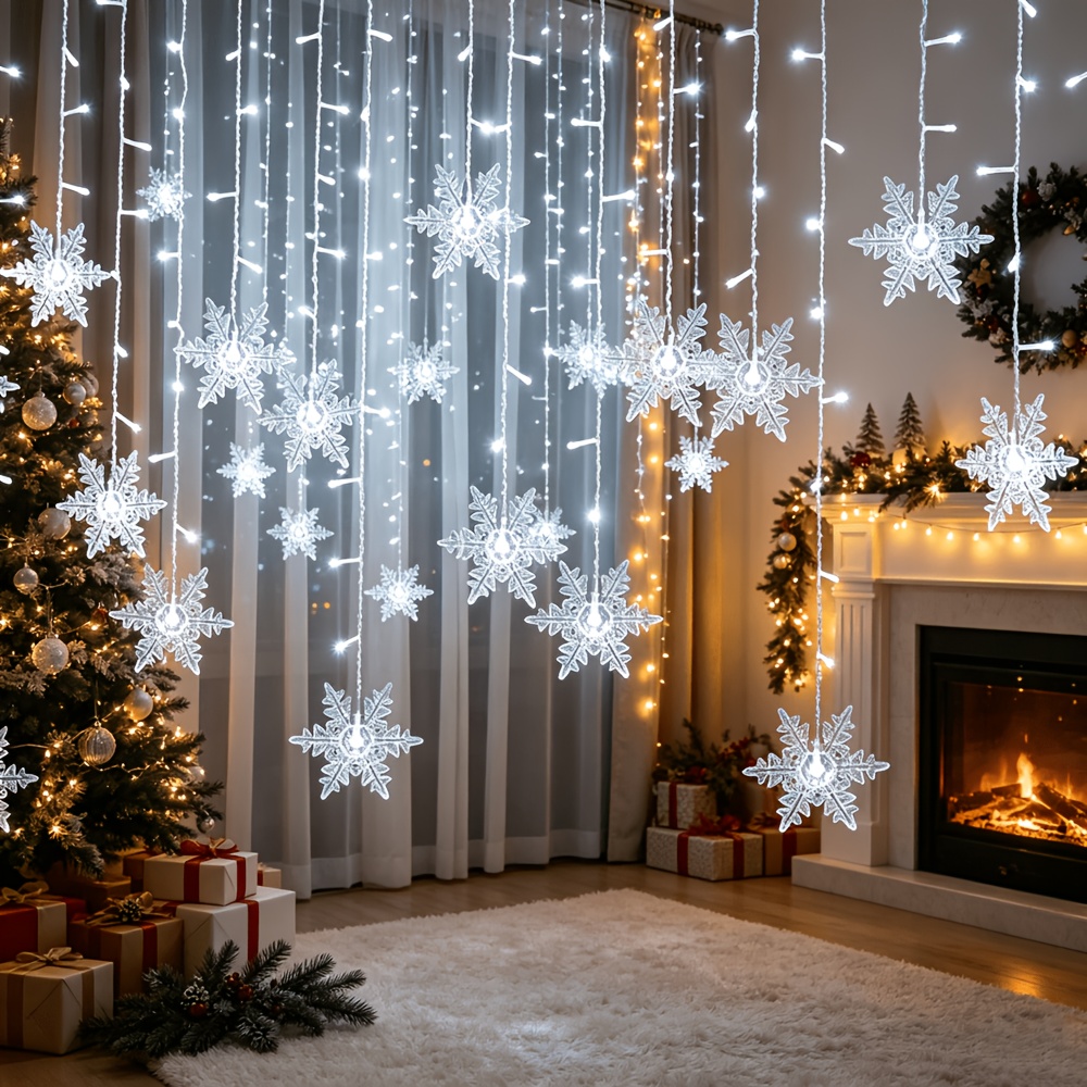 TEMU 4m (157.48 Inch) 96-led Snowflake Icicle Curtain String Lights, Star Multicolor Twinkle Christmas Fairy Lights, Festive Atmosphere Decoration