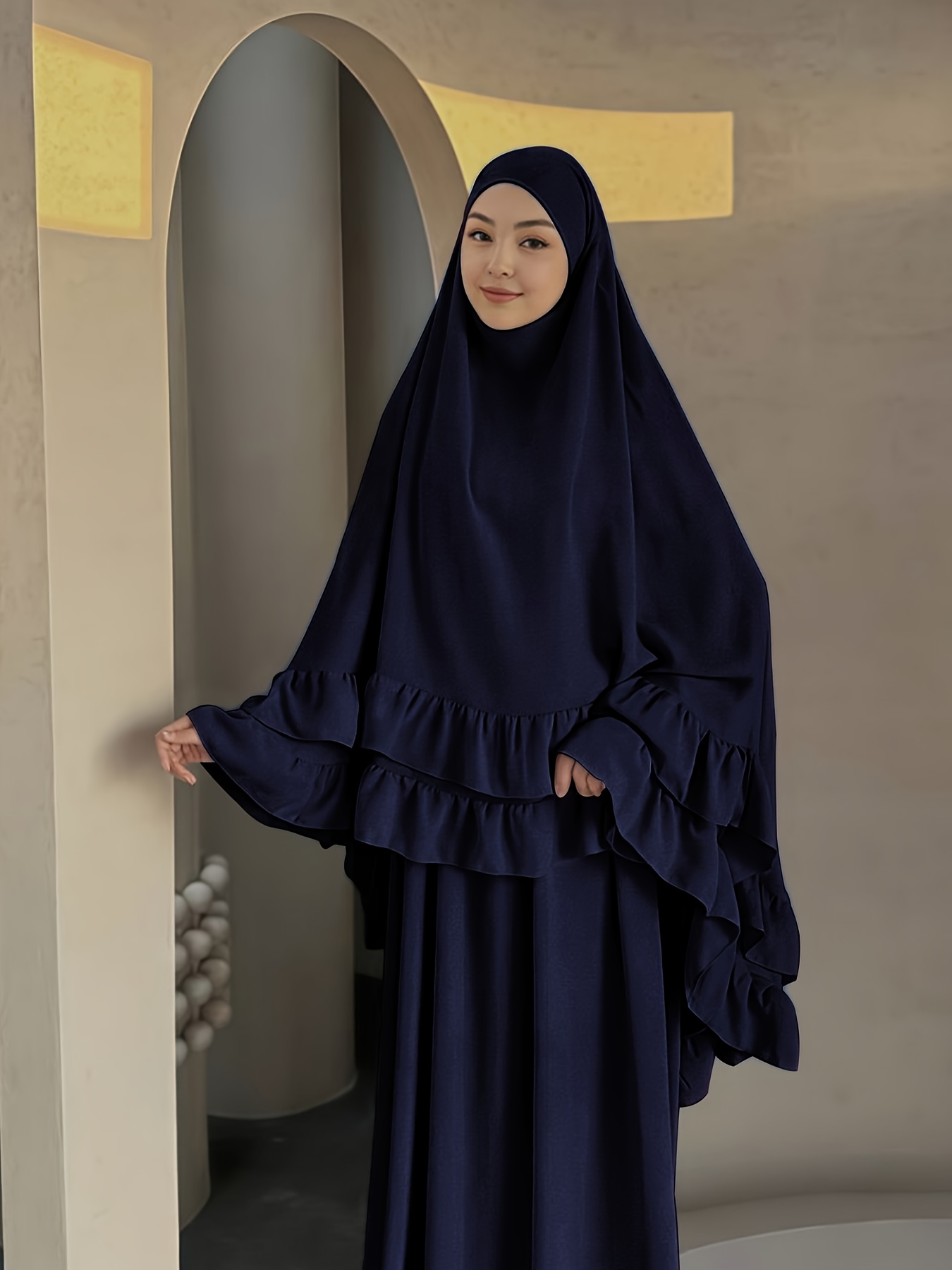 plus size 1 set of fashionable elegant double layered pleated comfortable casual breathable solid color versatile loose   prayer   muslim khimar hijab ladies outfit navy blue 0