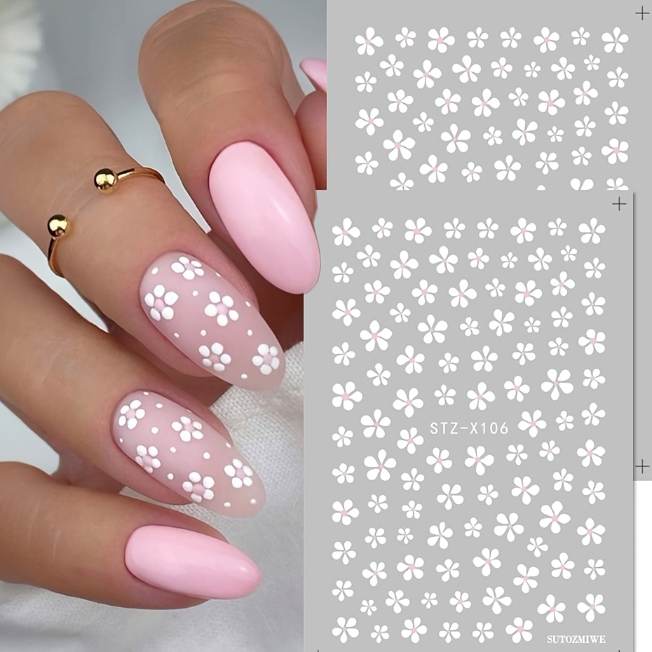 Image of 2pcs Elegant White Flower Nail Stickers - Cute Pink White Floral Patterns Self-adhesive 3d Nail Decals Perfect For Nail Art And Women's Nail Decoration