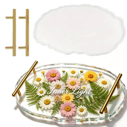 item picture large sized resin tray mold with golden handle silicone irregular casting epoxy resin mold agate geometry used for diy craft production artificial agate tray service board home decoration