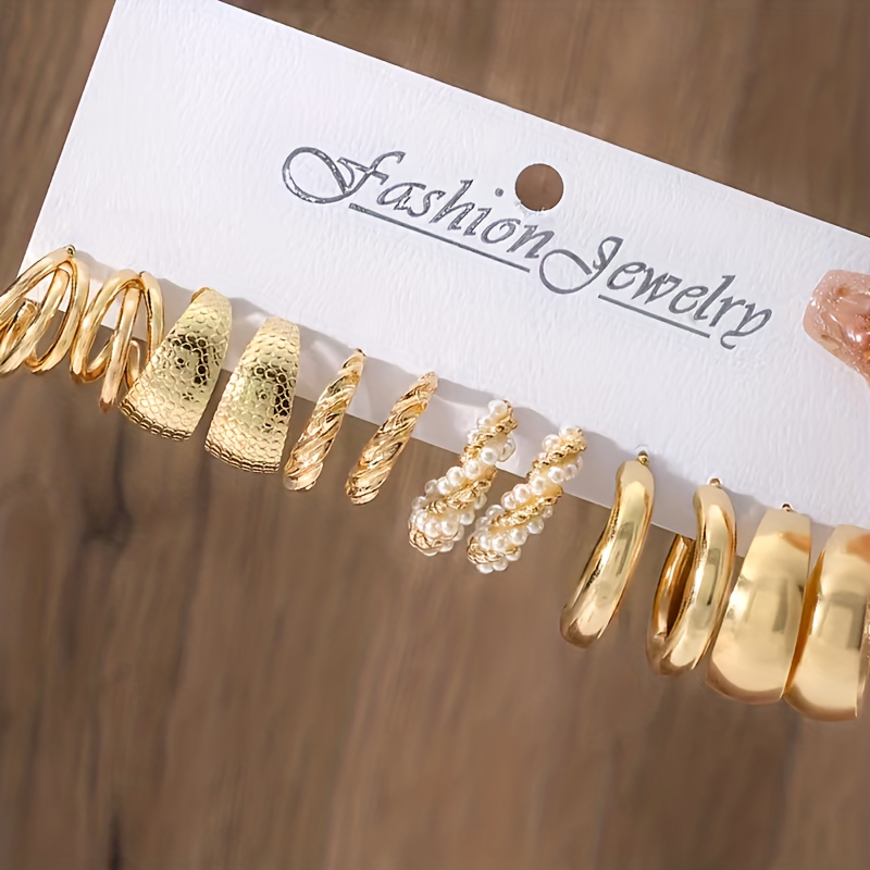 Image of Vintage Minimalist Style 12pcs Set Hoop Earrings For Women, Fashionable Twisted Texture With Plastic Accents, Alloy Ear Posts, Versatile Jewelry For Daily And Party Occasions