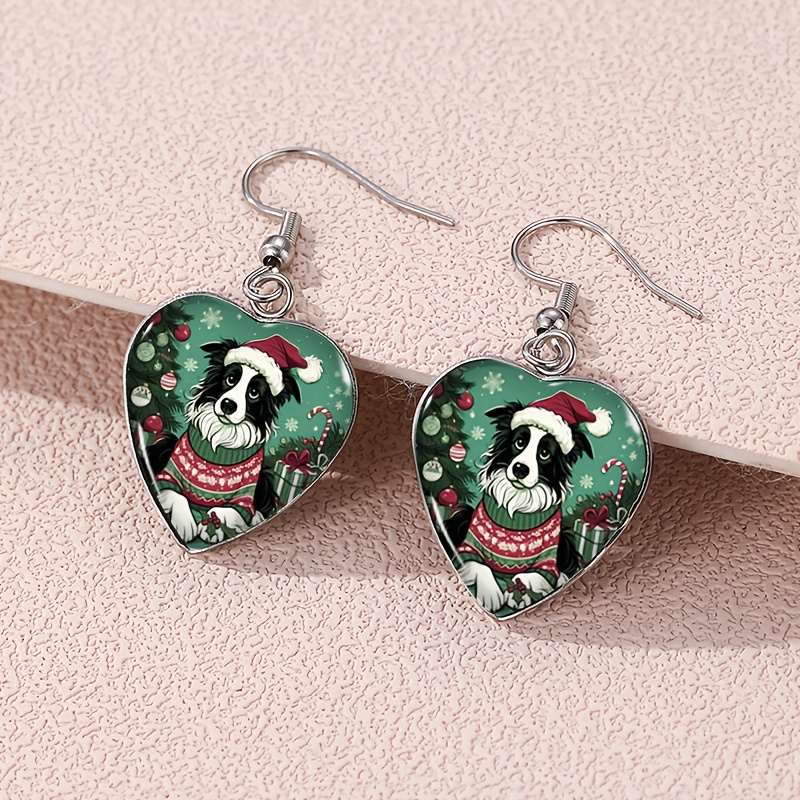 TEMU A Pair Of Heart-shaped Earrings Featuring Christmas Border Collies