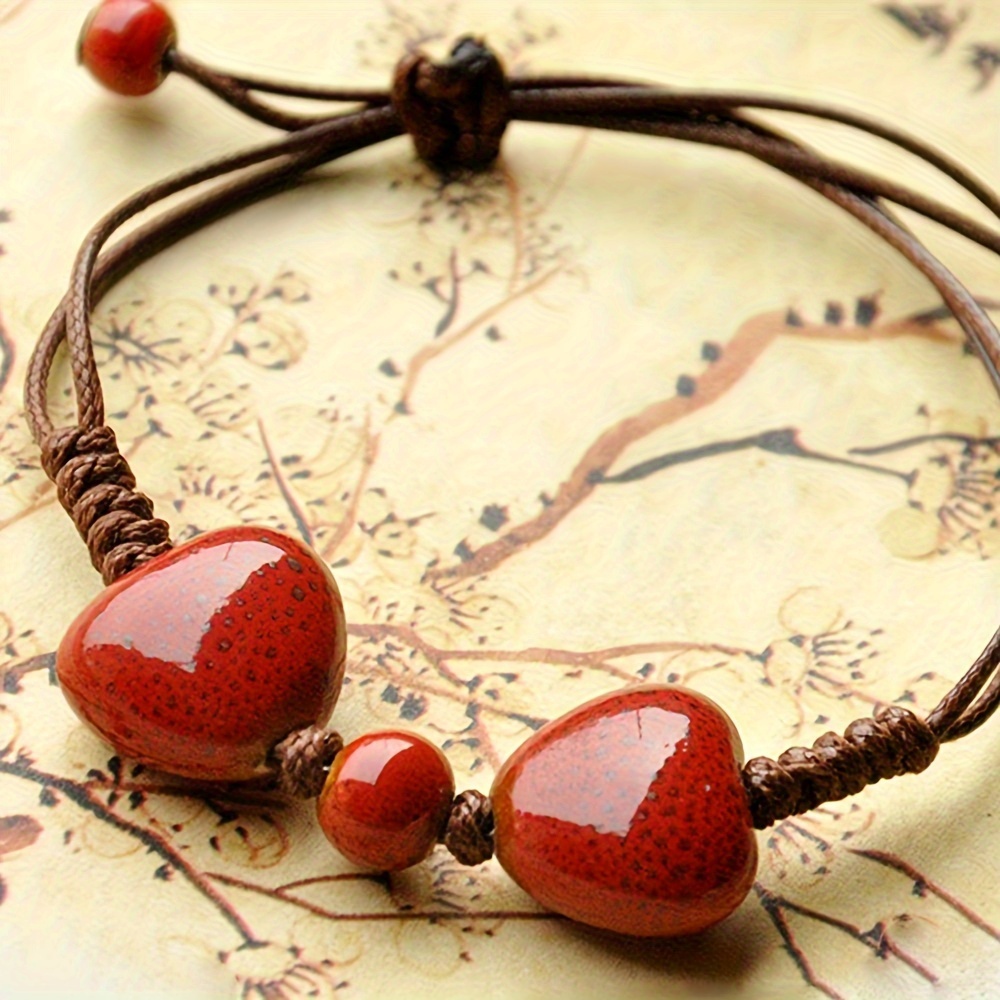 Vintage Ethnic Love Heart Ceramic Bead Bracelet Rustic Style