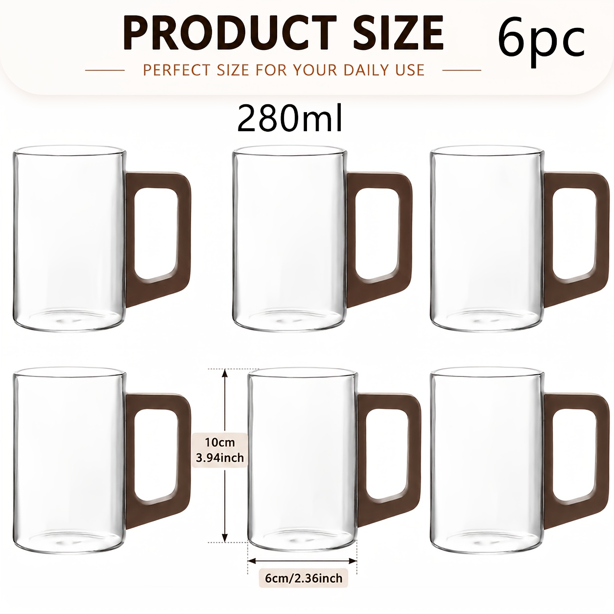 TEMU 6pcs Glass Coffee Mugs With Wooden Handle, 280ml Small Glass Cups For Coffee Tea Iced Drinks, Premium Borosilicate Glass Mug, Heat Resistant