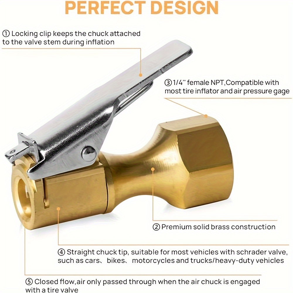 

2pcs Heavy Duty Tire Inflator Nozzles With Flow Locking - Fit, Copper Construction For Pressure Gauge