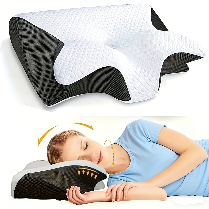 zdjęcie przedmiotu wygodna poduszka podróżna z pianki memory foam na szyję, odpowiednia dla osób śpiących na  , plecach i brzuchu - ergonomiczny kształt, miękka, a jednocześnie sprężysta, czarna, relaksuje ramiona, solidna