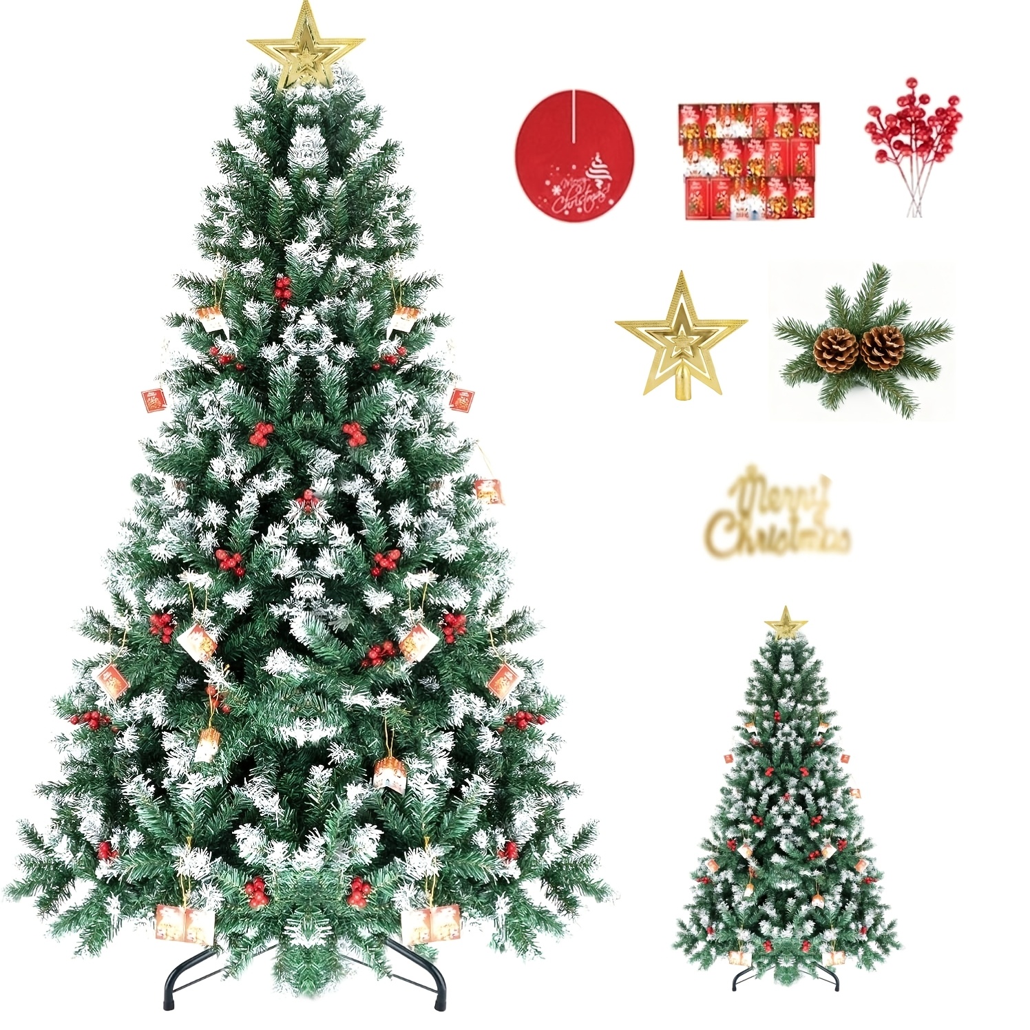 180cm Artificial Christmas Tree, 1400 White Branches, 45cm Stand, Easy Assembly, Includes 6 Different Decorations, Perfect For Home And Holiday Decoration