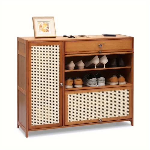 rattan shoe cabinet double layer shoe shelf boho freestanding shoes heels sneakers shelf rack for 15 19 pairs for entryway office living room