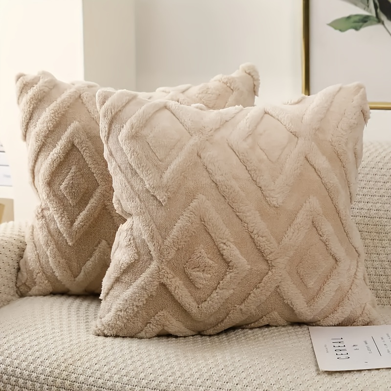 Image of Set Of 2 Flannel Decorative Pillow Covers With Geometric Diamond Grid Pattern, Suitable For Living Room And Cottage Decor, Without Pillow Inserts, Plush Cushion Covers 16in/18in (40*40/45*45cm)