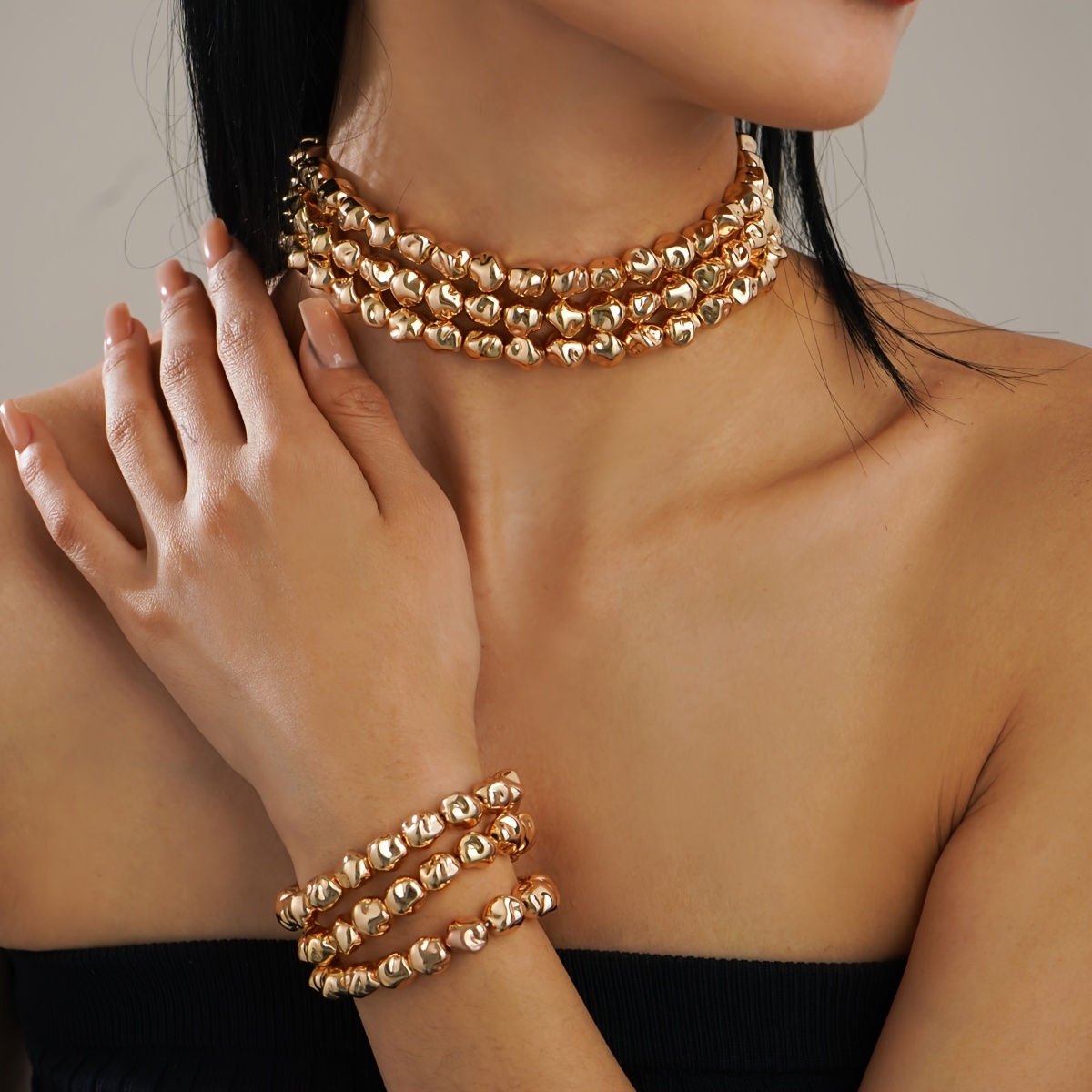 Multilayered Beaded Necklace and Bracelet Set for Women