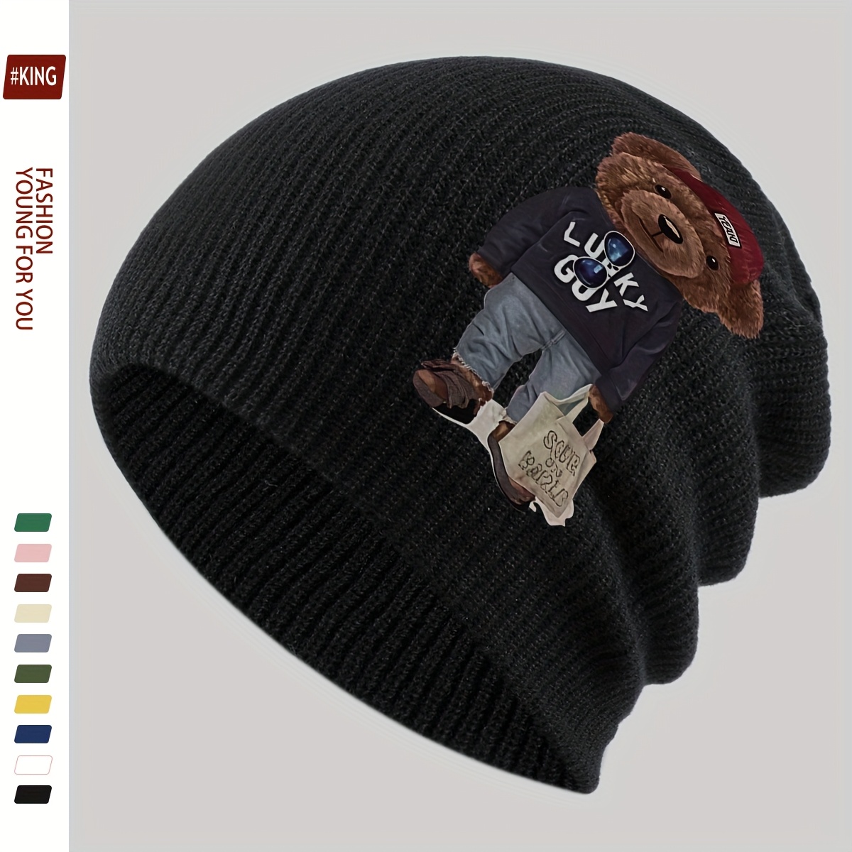 TEMU 1pc Cartoon Red Hat Teddy Bear Print Fashion Beanie Ski Hat, Korean-style Versatile Hat, Soft Warm Stylish Thermal Brimless Skull Cap, Casual