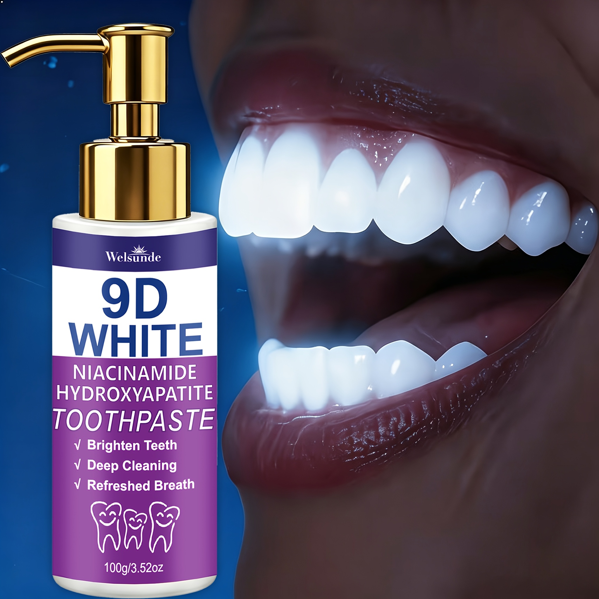 Image of 9d White Niacinamide & Hydroxyapatite Purple Toothpaste, Press Pump Design, Contains 20% Hydroxyapatite, Deep Cleaning & Whitens Teeth, Mint Flavor, , Fluoride-free, With , Brush Teeth To Make Look
