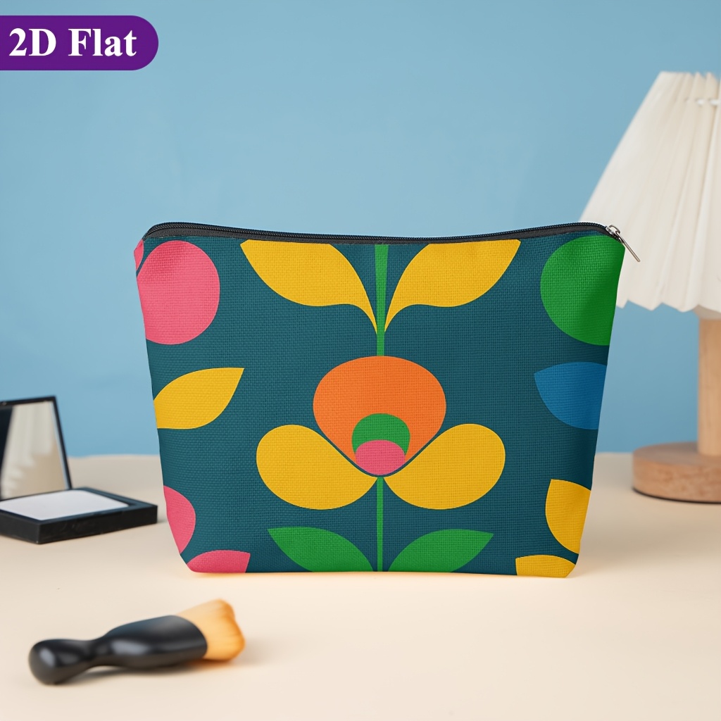 TEMU Cosmetic Bag 1pc, Colourful Floral Geometric Art, Stylish Zippered Wallets, Work Snack Bags, Skincare Product Organizers, Double-sided Printed