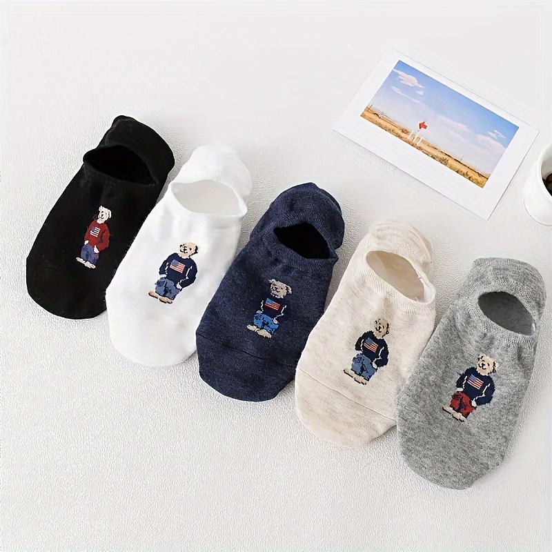 

5 Pairs Cute Bear Boat Socks, Solid Color Summer Thin Non-slip Invisible Socks, Summer Shallow Mouth Short Socks