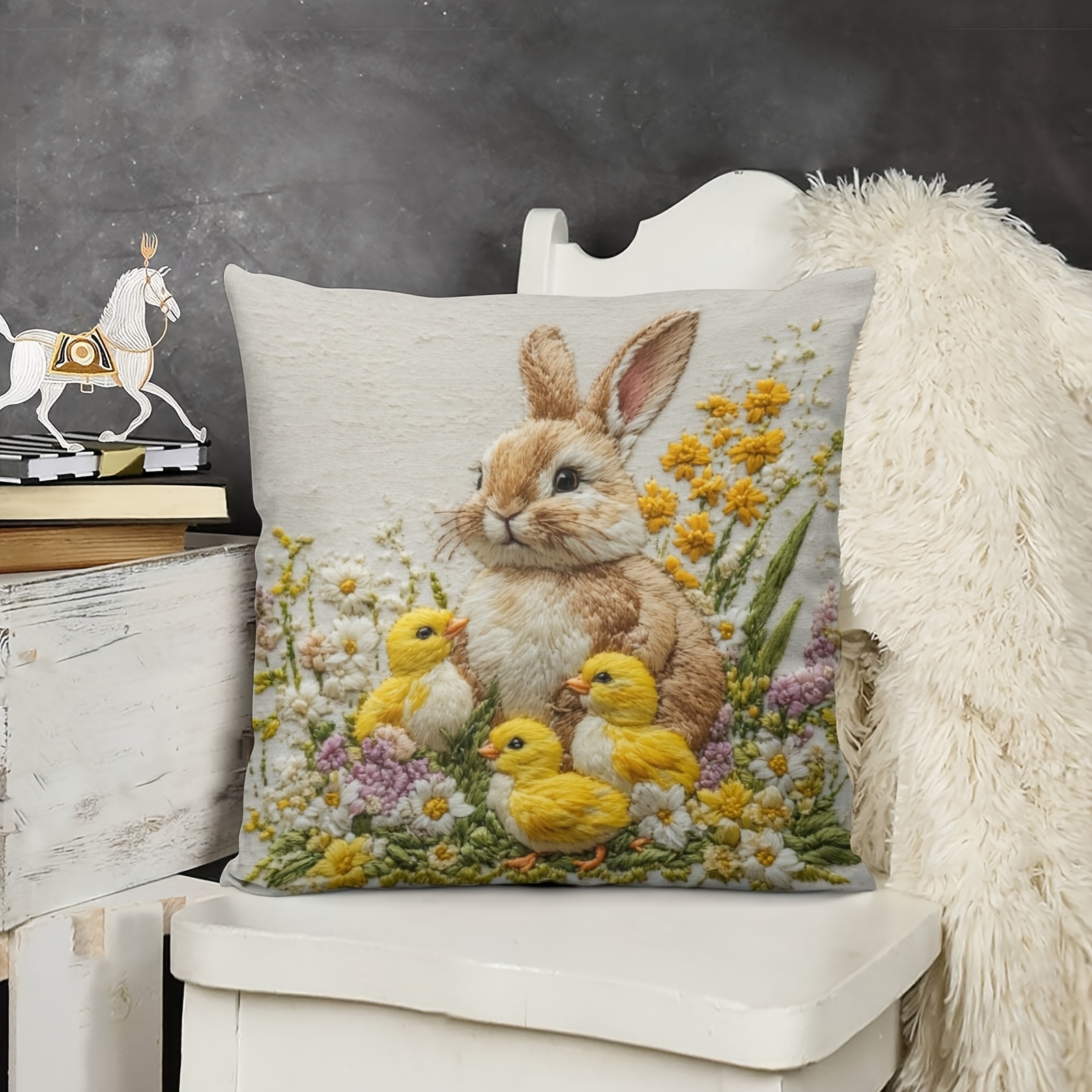 

Contemporary Rabbit And Chicks Embroidered Throw Pillow Cover, 18x18 Inch, Polyester, Machine Washable, Zipper Closure, Woven Decorative Cushion Case With For Room Types, Easter Home Decor