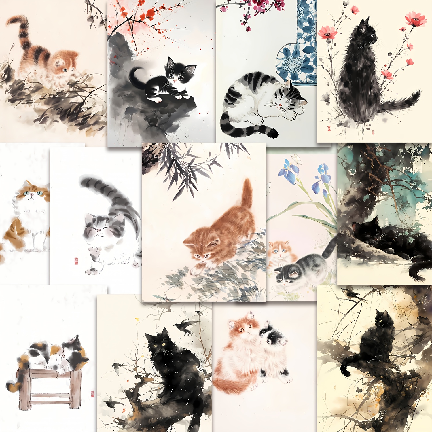Image of 60pcs Ink Wash Style Cat Stickers Pack, Artistic Black & Kitty Illustration Decals With Floral & , Vinyl Stickers For Laptop, Water Bottle, Phone Case, Journal & Luggage