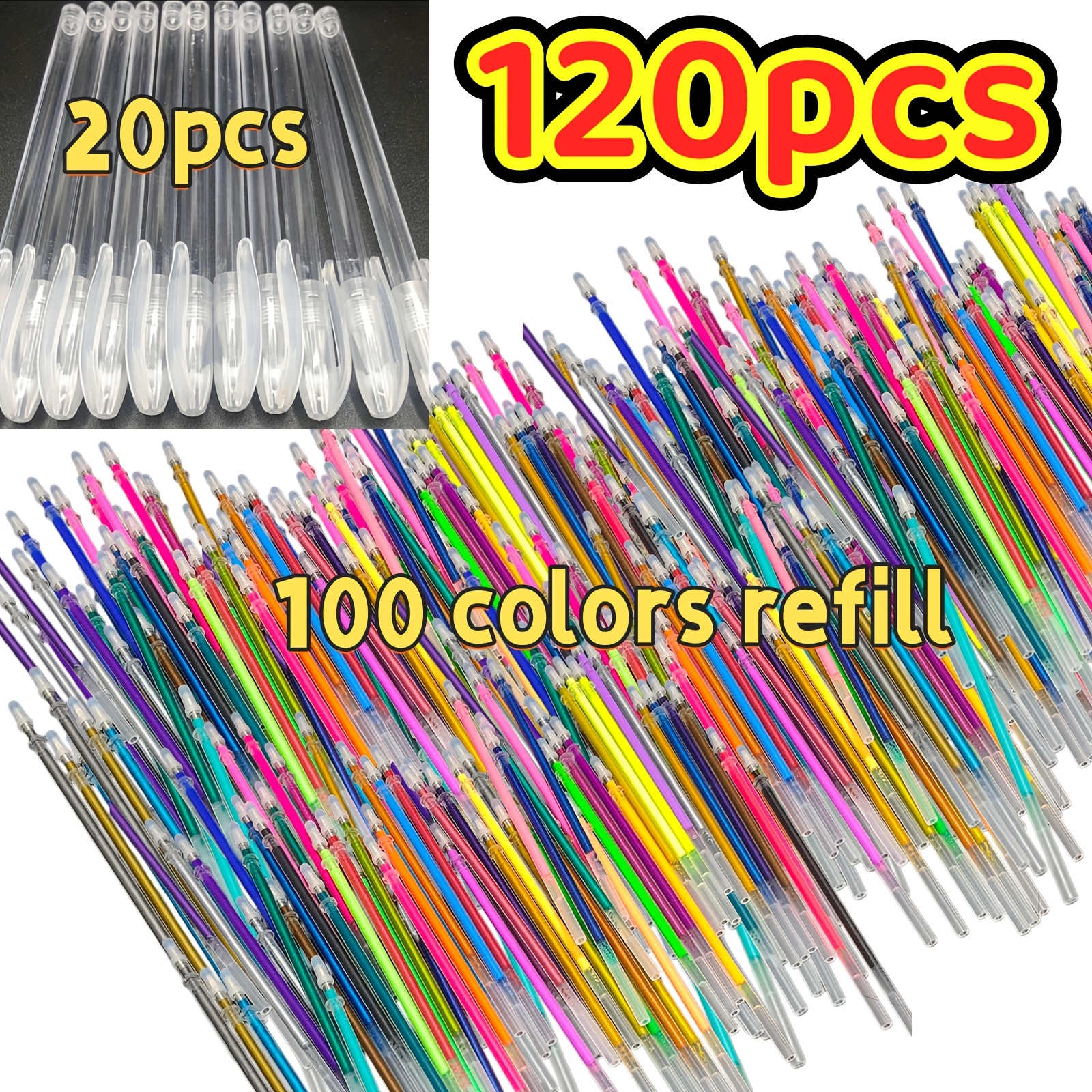 TEMU 120pcs- Glitter Gel Pen Refill Set With 20 Empty Pen Barrels, Refills 20 Empty Pen Barrels, 1.0mm Colorful Ink Refills, Suitable For Writing,