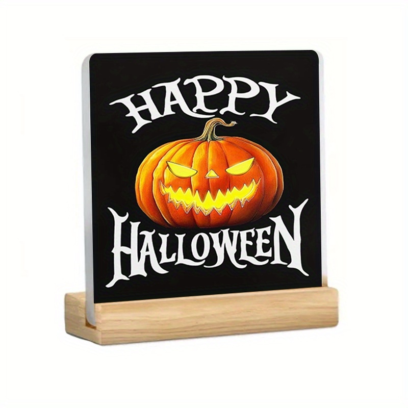 2d flat 1  halloween acrylic pumpkin sign with wooden base   o lantern design ideal for home office bedroom cafe decor party decoration   design acrylic sign