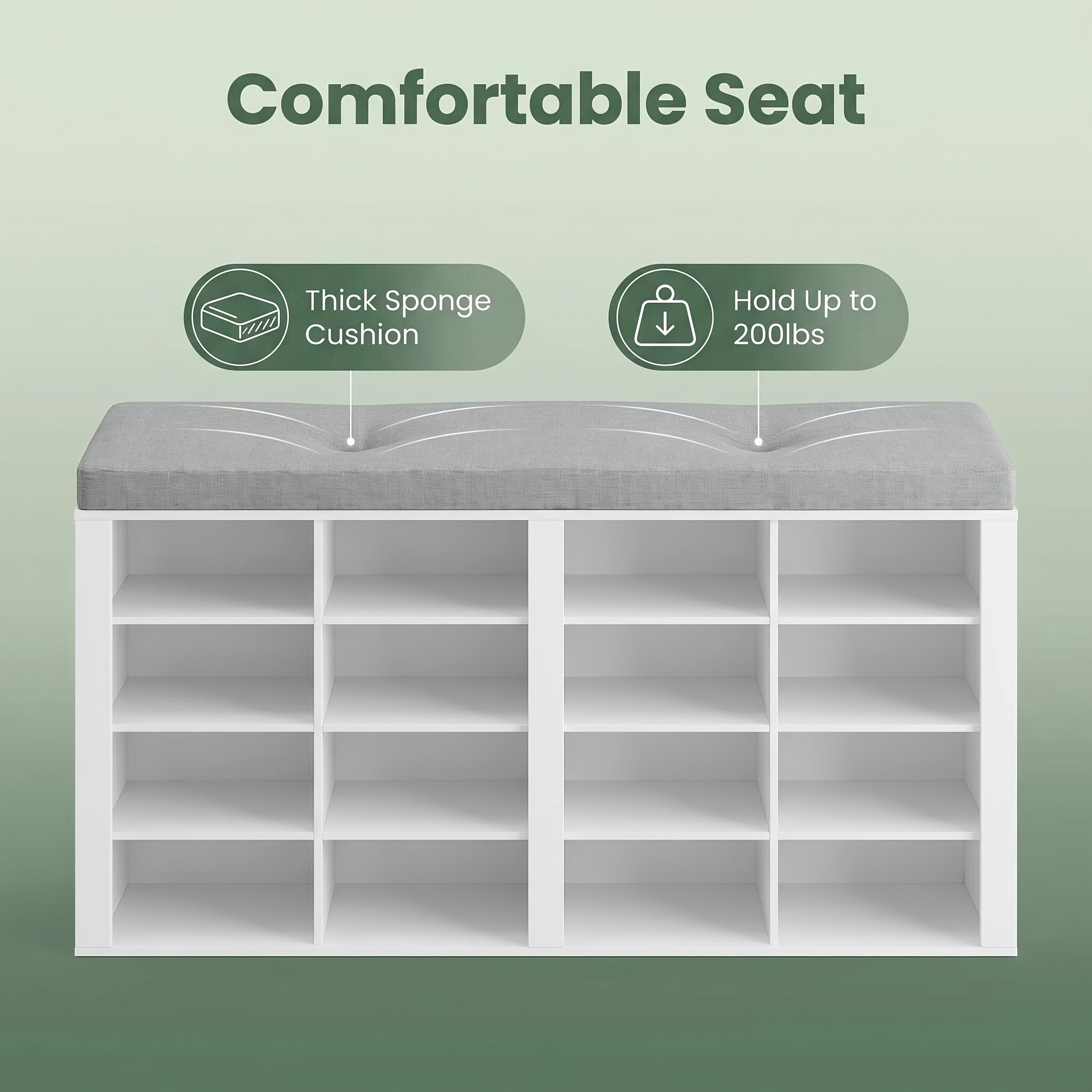 Image of 106cm Wide Shoe Storage Bench, 59cm Comfortable Seat Height, 16 Compartments For Shoe Storage, Adjustable Shelves To Long Boots, And The Seat Cushion Is Washable