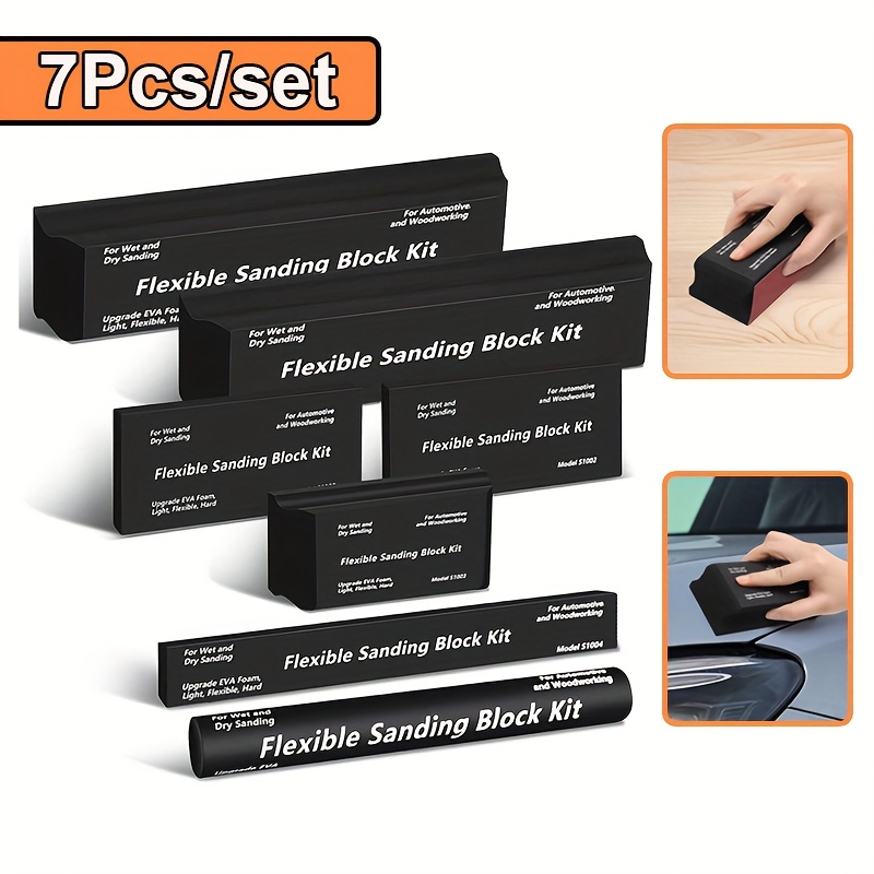 7-Piece Flexible EVA Sanding Block Set With 20 Self-Adhesive Sandpaper Sheets – Wet/Dry Blocks For Auto, Woodworking, Drywall – Round, Curved & Rectangular Shapes