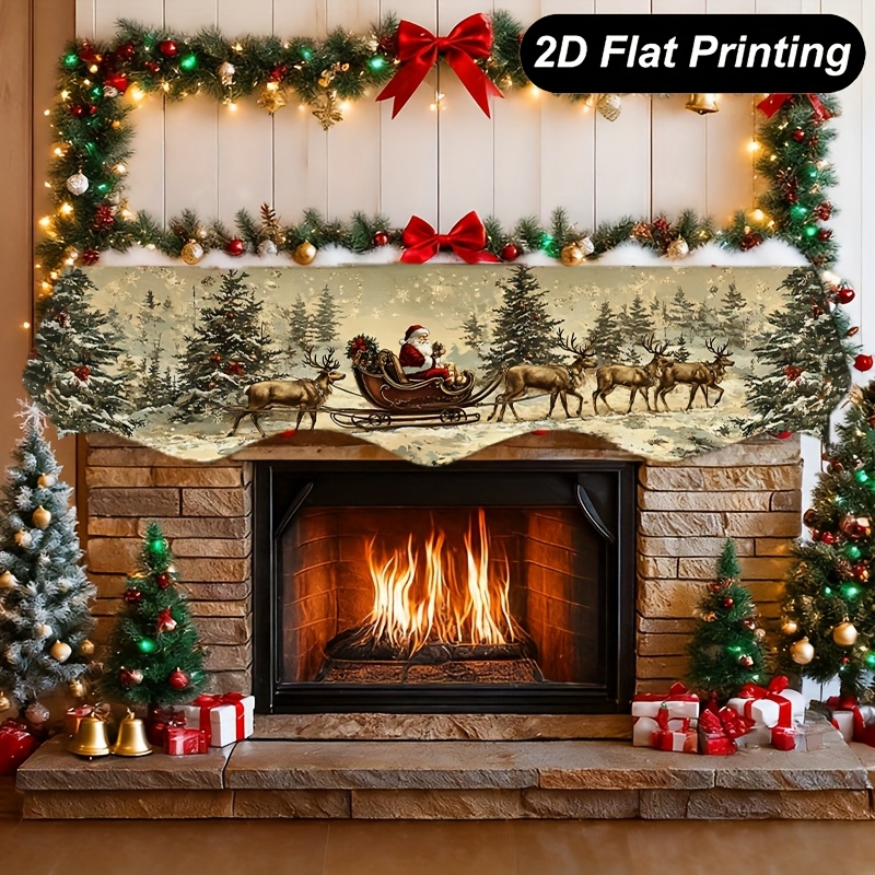 TEMU 1pc Of A 2d Flat Printed Mantel Scarf For Christmas Featuring Sleigh, Reindeer, A Snowy Landscape, And A Cabin, Measuring 78.7 By 19.6 Inches,
