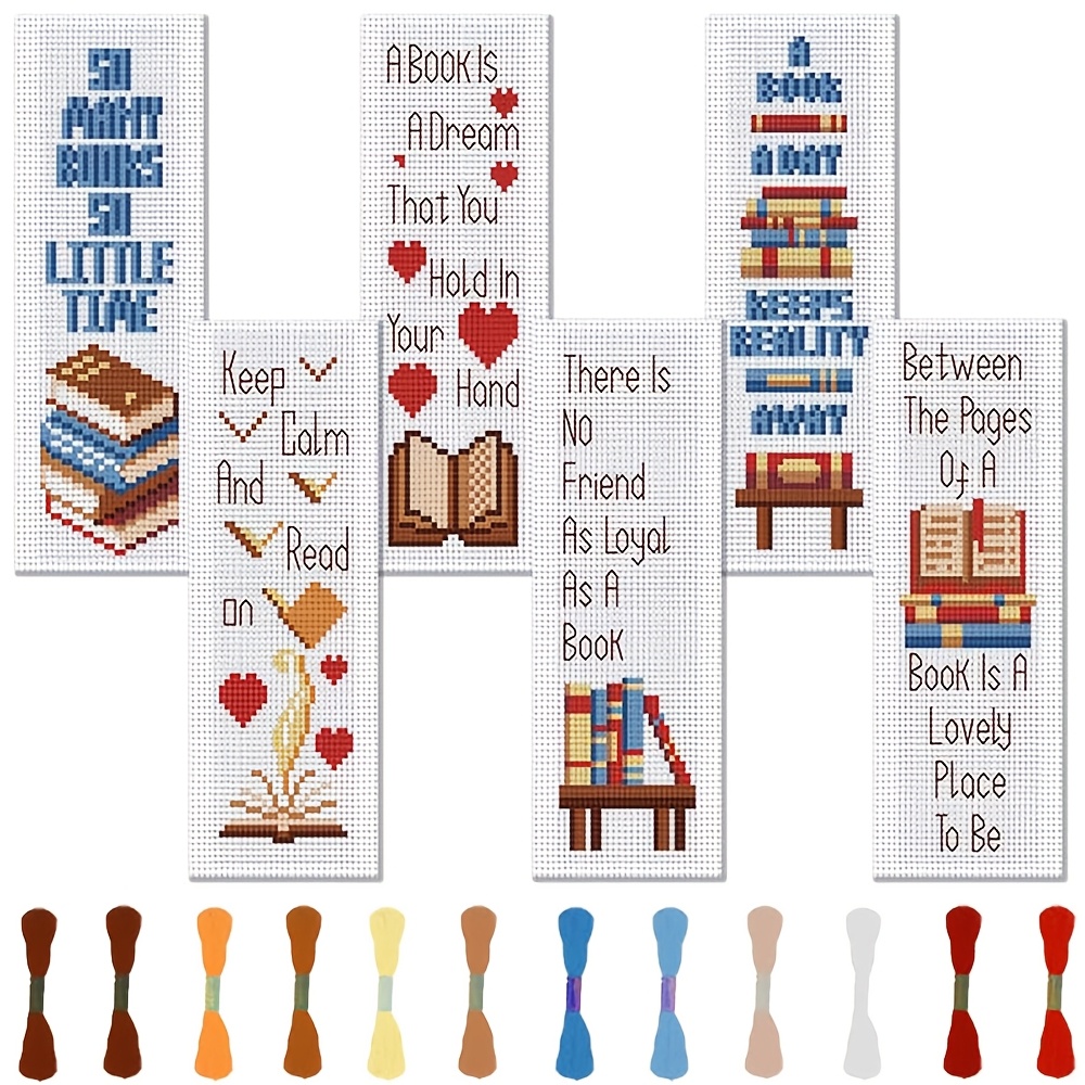 

Diy Stitch Bookmark Kit - 6pcs Set With Books, Hearts & Text Designs - Includes Fabric, Thread, Tools & Instructions - Beginners & Craft Lovers - Unique Gift Idea, Theme