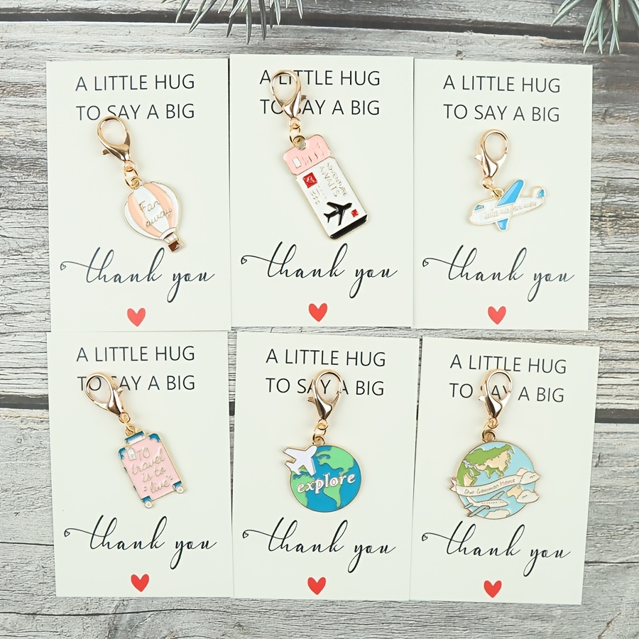 TEMU 6pcs Travel Set Keychains, With Thank You Greeting Cards, Equipped With Alloy Airplanes, Tickets, Suitcases, Hot Air Balloons, Etc., Very