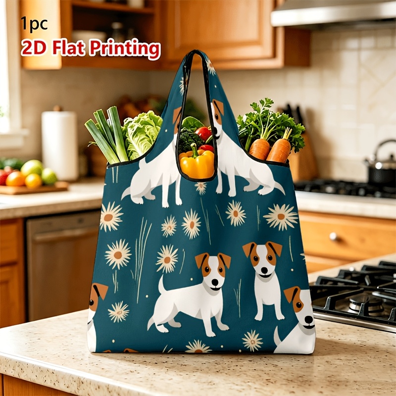 TEMU 1pc 2d Flat Unisex Large-capacity Shopping Bag Tote Bag, Dark Teal Background Cartoon Terrier Daisy Full Print Large Capacity Reusable Tote Bag