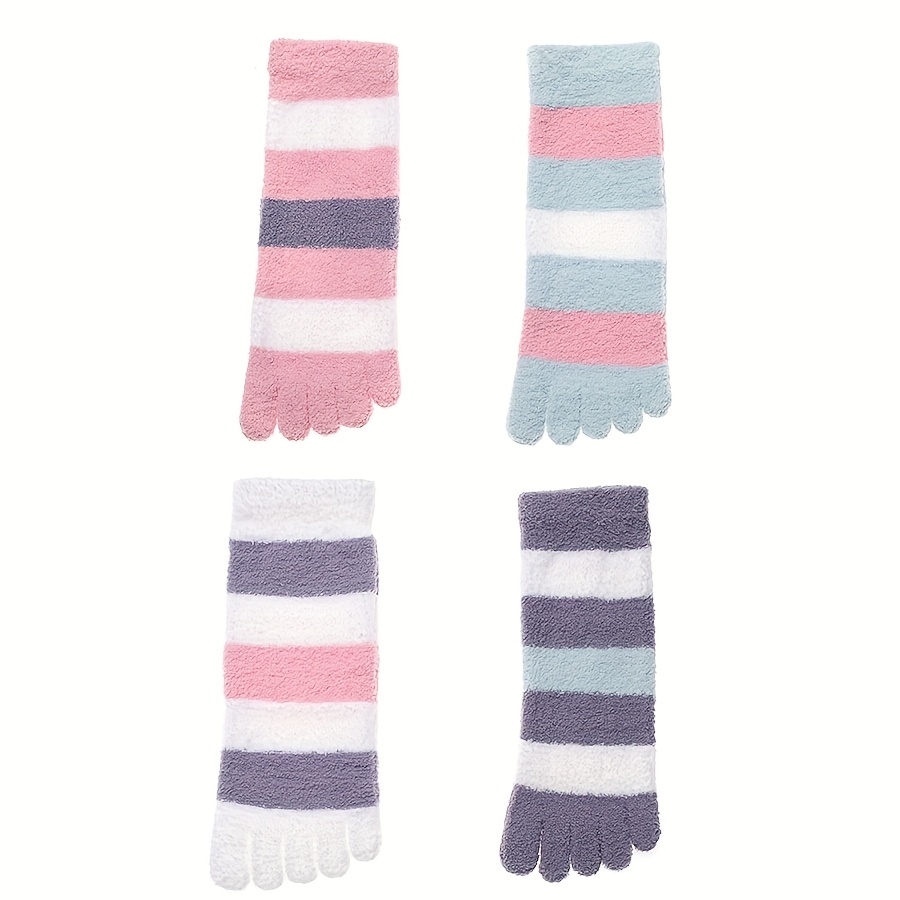 TEMU 4-pair Pack Women's Home Striped No-heel Half-velvet Toe Socks Soft Warm Sleep Socks Floor Socks Casual Toe Socks