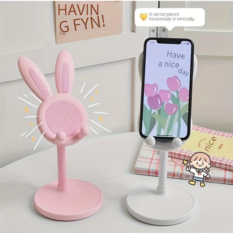 

1/2pcs Cartoon Bunny Desk Phone Stand, Adjustable Ergonomic Tablet Holder, Waterproof Plastic, Horizontal/vertical Positioning, Phone Accessories