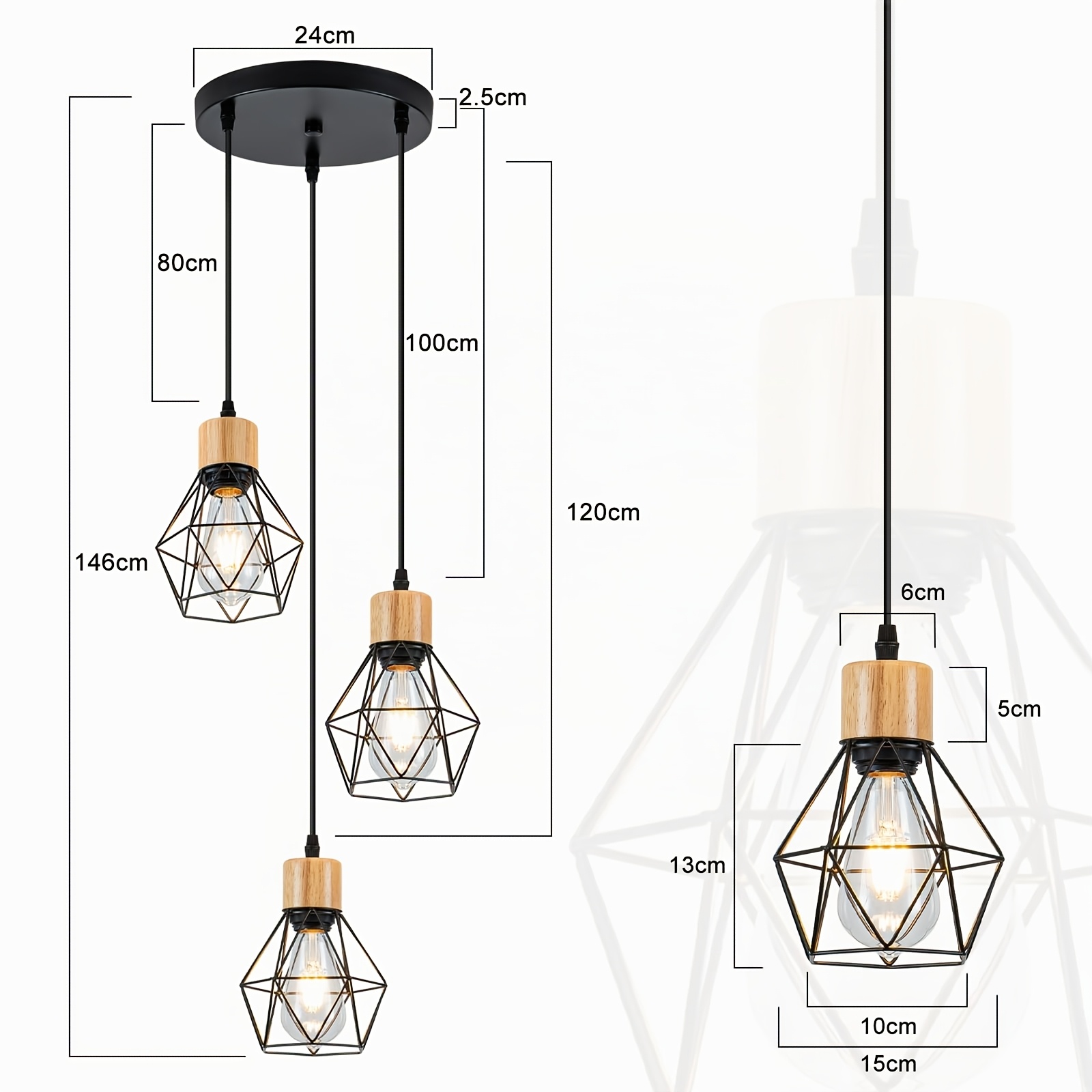 Image of Industrial Pendant Lamp Dining Table Pendant Lamp Retro Three-bulb Hanging Wooden Restaurant Lamp E27 Retro Kitchen Lamp Black Industrial Pendant Lamp For Dining Room Living Room Kitchen Without