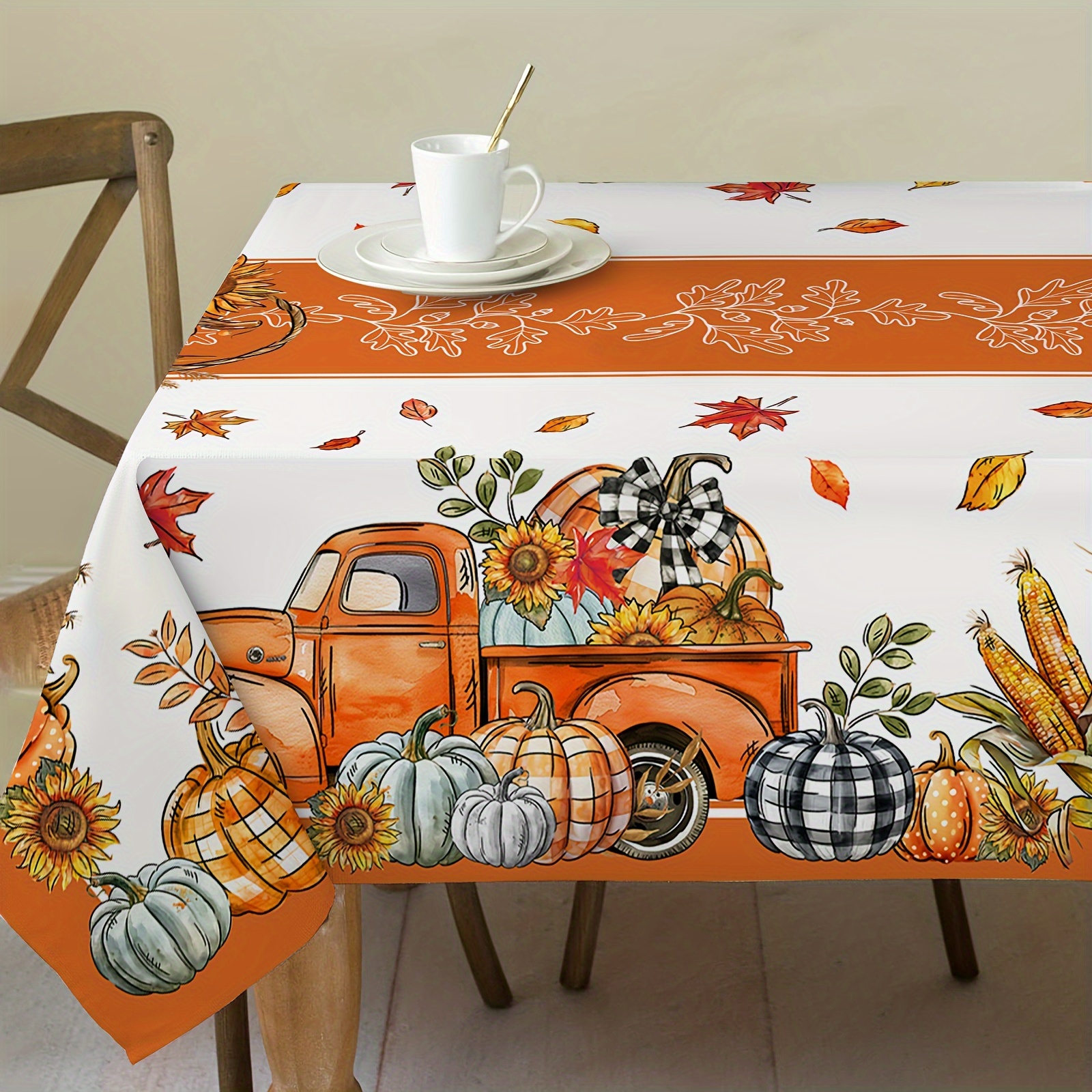 

Fall Themed Tablecloth, Classic Fall Color Scheme, Pumpkin Sunflower Maple Leaf Print, Polyester Material, Party Decoration, Home And Outdoor Items.