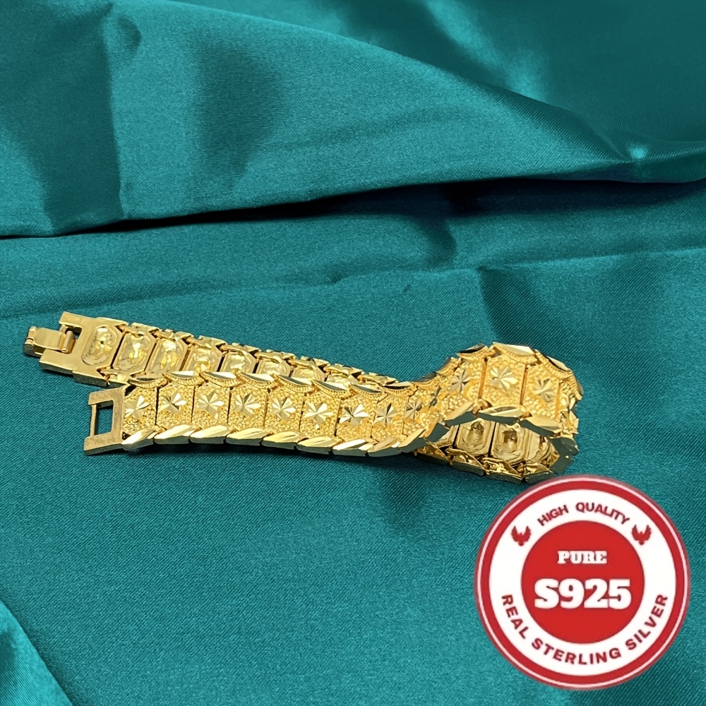 TEMU 925 Sterling Silvery, 24k Golden Plated, Wide 24k Golden Plated Bracelet, -friendly, Suitable For Daily Wear, Hypoallergenic, Valentine's Day