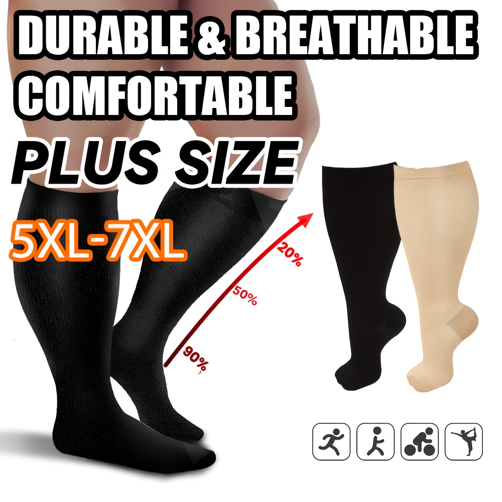 

Plus Size 5xl-7xl Knee High Socks For Women And Men, Breathable & Knit Fabric, Non-slip Cuff, Solid Color, Hand Washable, Polyester-nylon-elastane , For Work, Travel & Leg Support