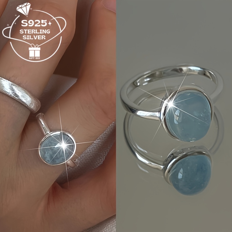 

1pc Anneau Ouvert Ajustable en Argent 925 pour Femmes--Tempérament de Luxe-Style Féminin Bague en Pierre Naturelle Bleue, Accessoires de Mode Cadeau Bijoux Haut de Gamme