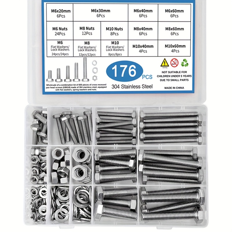 Image of 176pcs Hexagonal Combination Kit, M6 M8 M10 Heavy-duty And Nut Washer Kit, 304 Stainless Steel, Including 8 Most Used Sizes