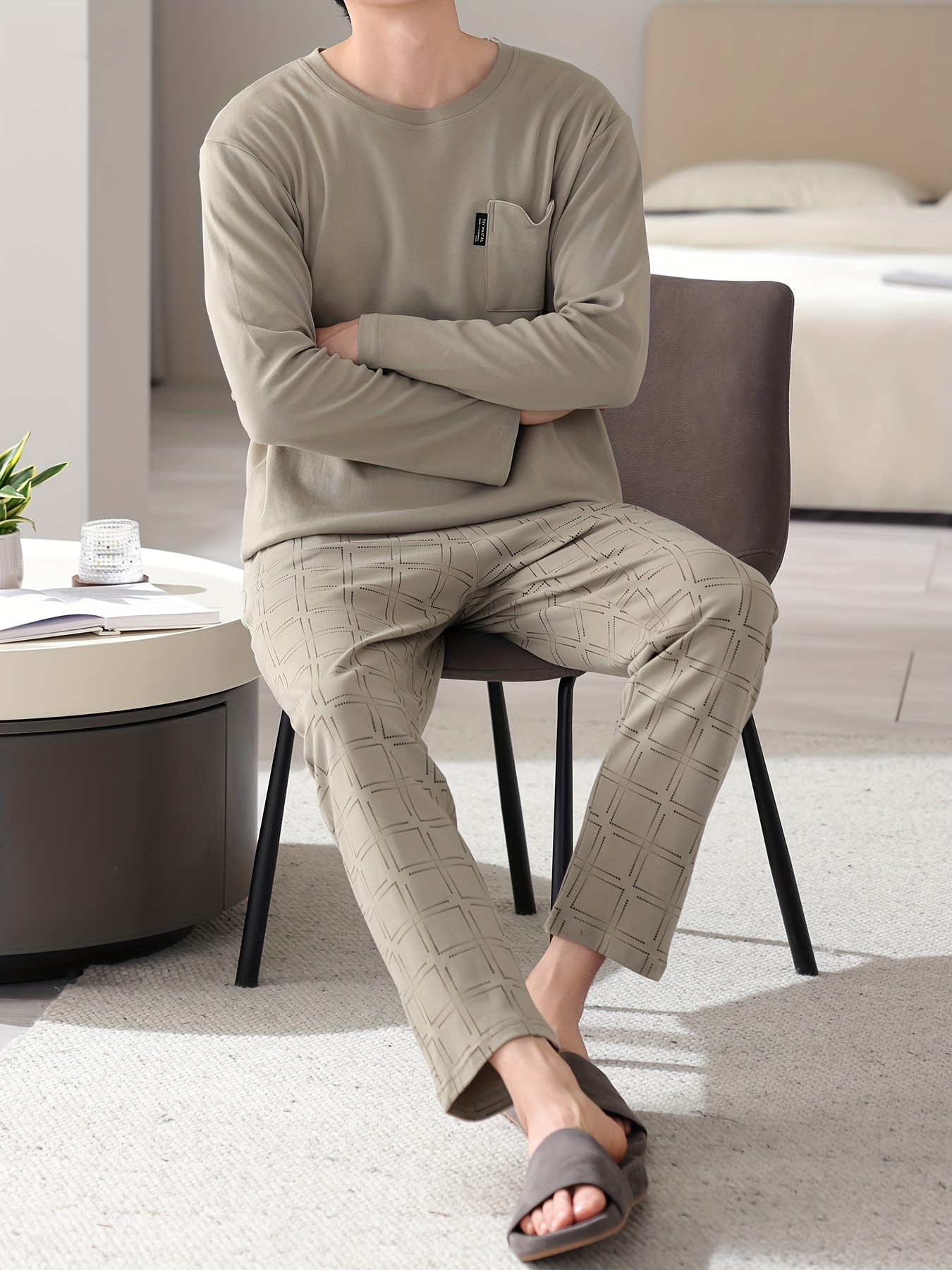 1set Men'S Casual Cotton Pajama Set, Long Sleeve Round Neck Sleepwear with Pockets, Loose Fit Knitted Pullover for Spring/Autumn - Comfortable Thin Cotton Outfit