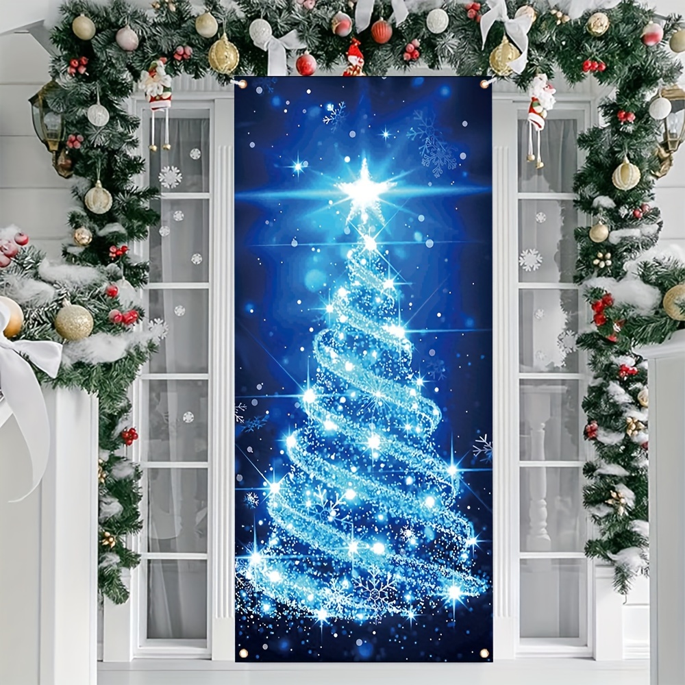 

Blue Christmas Tree Welcome Banner - Polyester Door Cover, Winter Farmhouse Decor & Outdoor