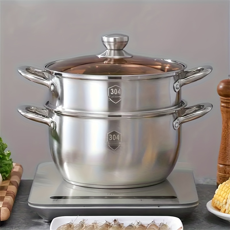 TEMU 1pc Stainless Steel Steamer Pot, Multi-layers Steaming Pot, Thickened Household Cooking Pan, Induction Cooker Gas Stove Universal, 2in 1