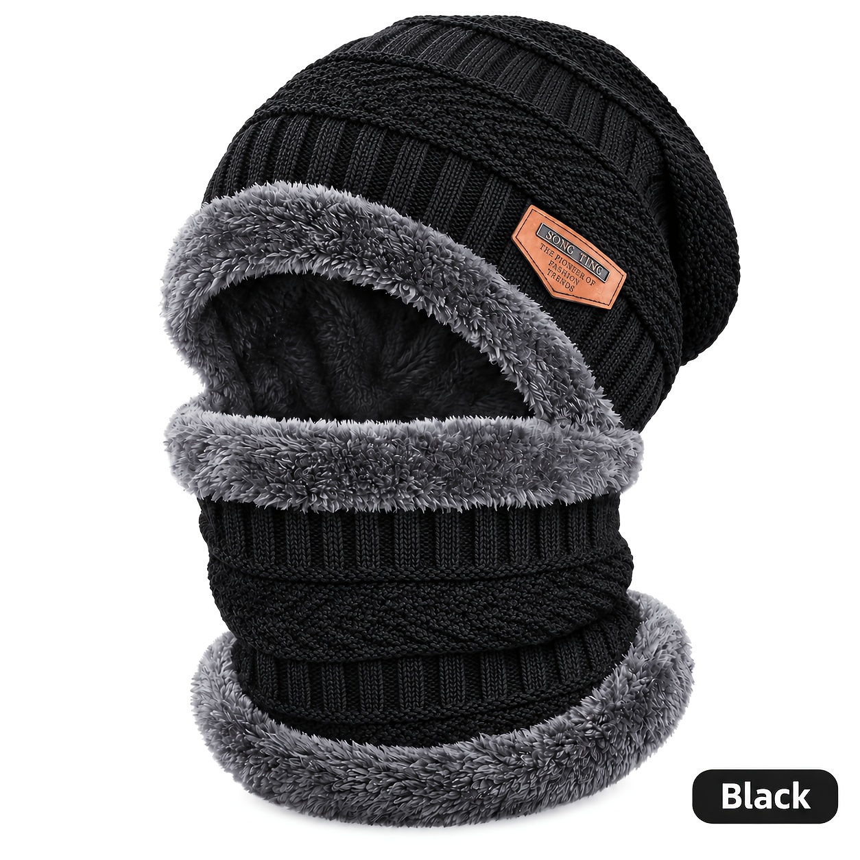 TEMU 2pcs (1pc Hat And 1pc Scarf) Unisex Winter Cold Protection Hat And Neck Warmer Set, Fleece Lined Thick Ear Cover Beanie, Versatile Comfortable