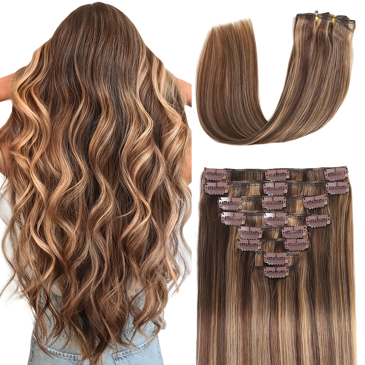 Image of Clip In Hair Extensions Real Human Hair, Human Hair Extensions Clip Ins For Women, Real Natural Human Hair, Double Weft, 16inch 90g 8pcs, #4/27 Chocolate Brown To Honey Blonde