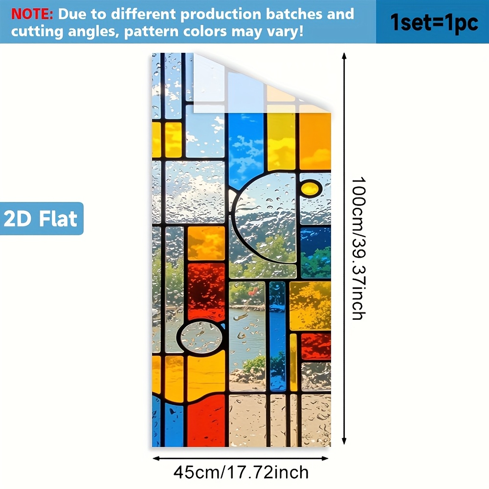 TEMU 2d Flat - 2d Flat - 1pc Of 2d Colorful Glass Window Pattern, Pvc Window Film, Vibrant Colors, Without Glue, Suitable For Decorating Bathrooms,