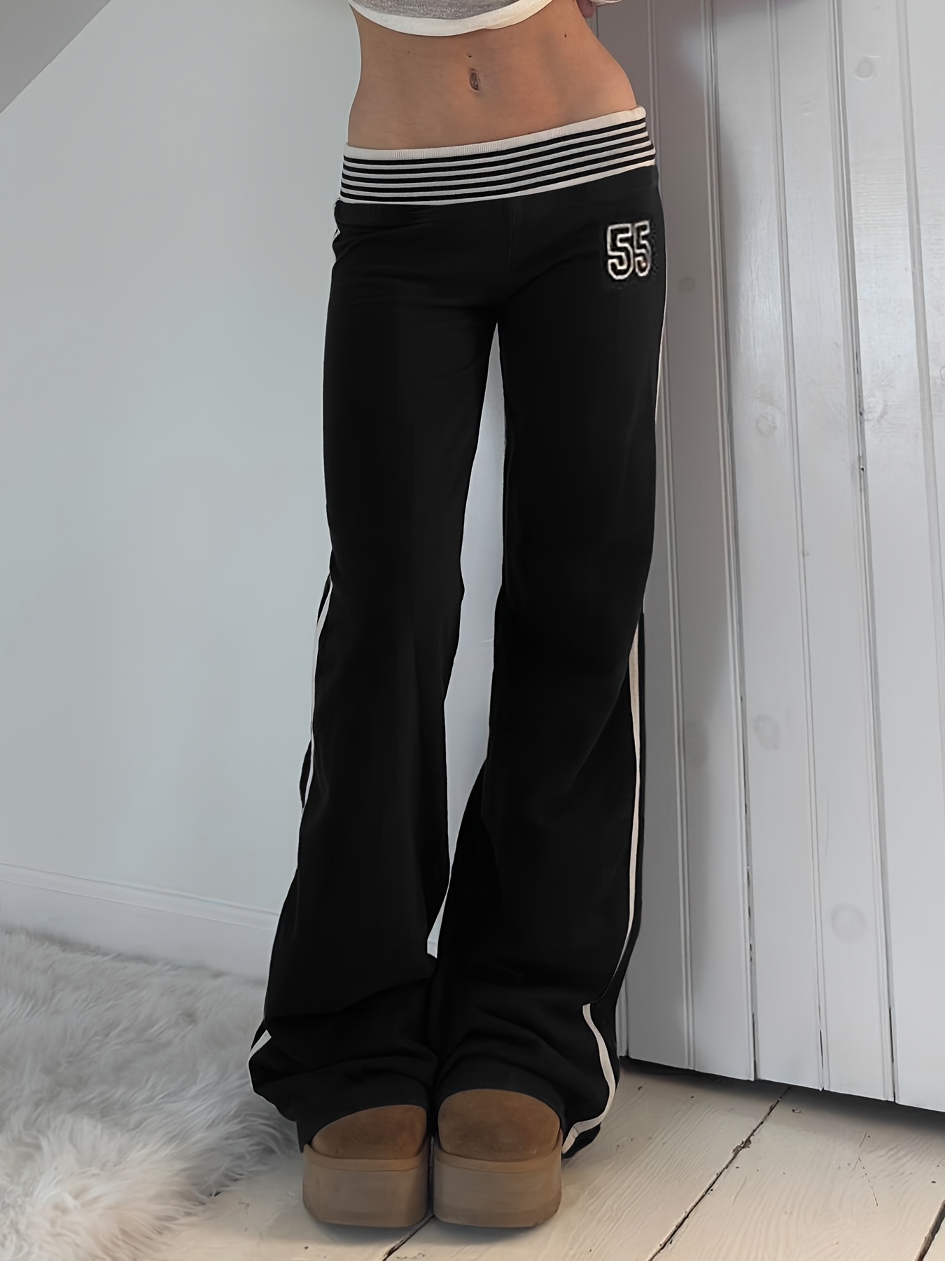 women's y2k style high waisted striped flare leg pants black - Main Image